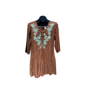 Rancho Estancia Knee Length Brown Teal Embroidered Rose V Neckline Dress Size M